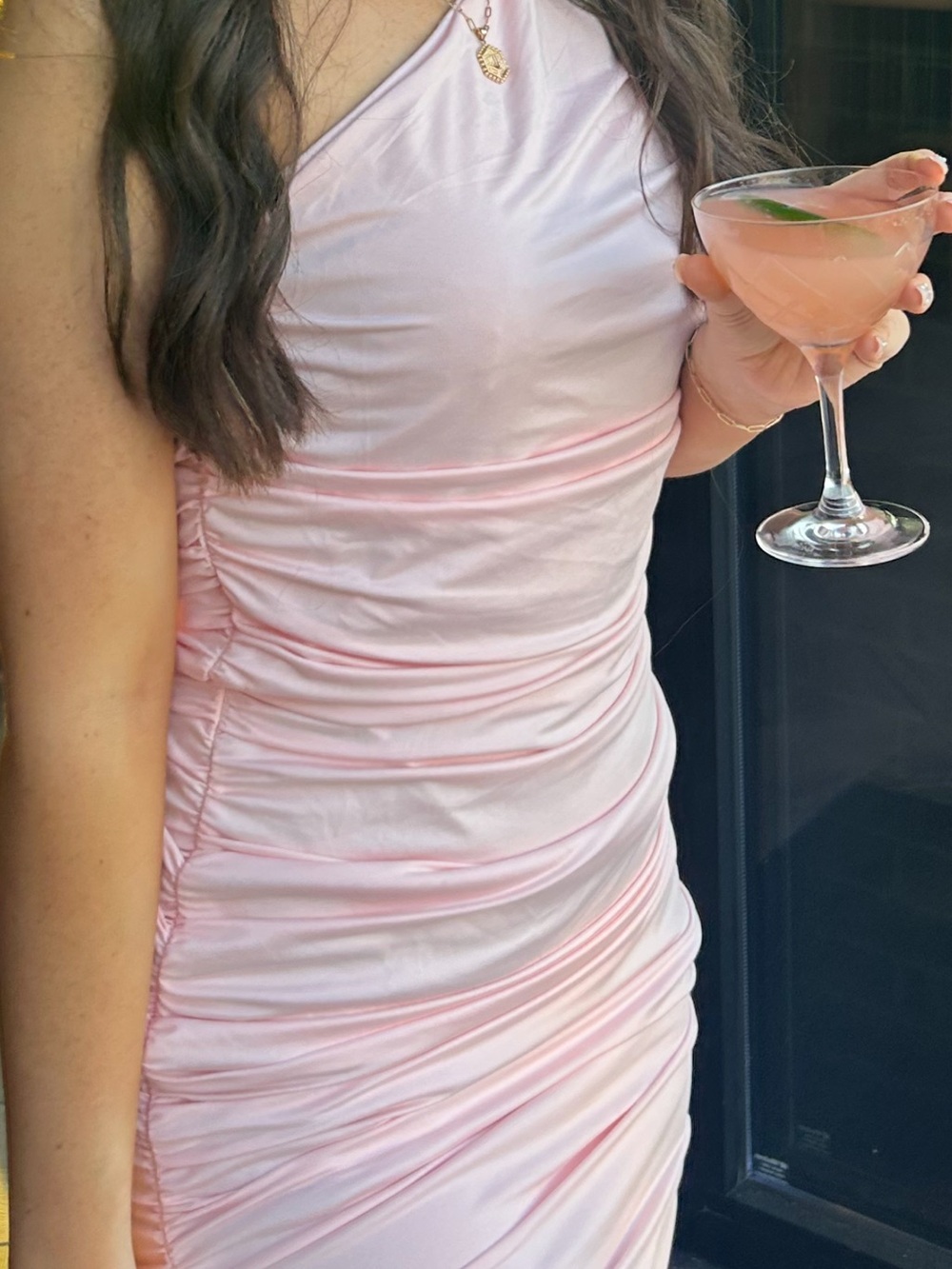 One-Shoulder Ruched Mini Dress in Light Pink